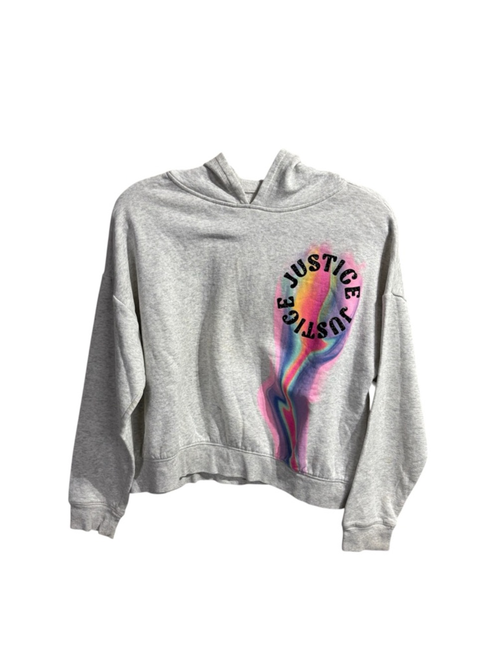 Justice Cropped Hoodie Girls XL 18 Gray Rainbow Graphic Sweatshirt